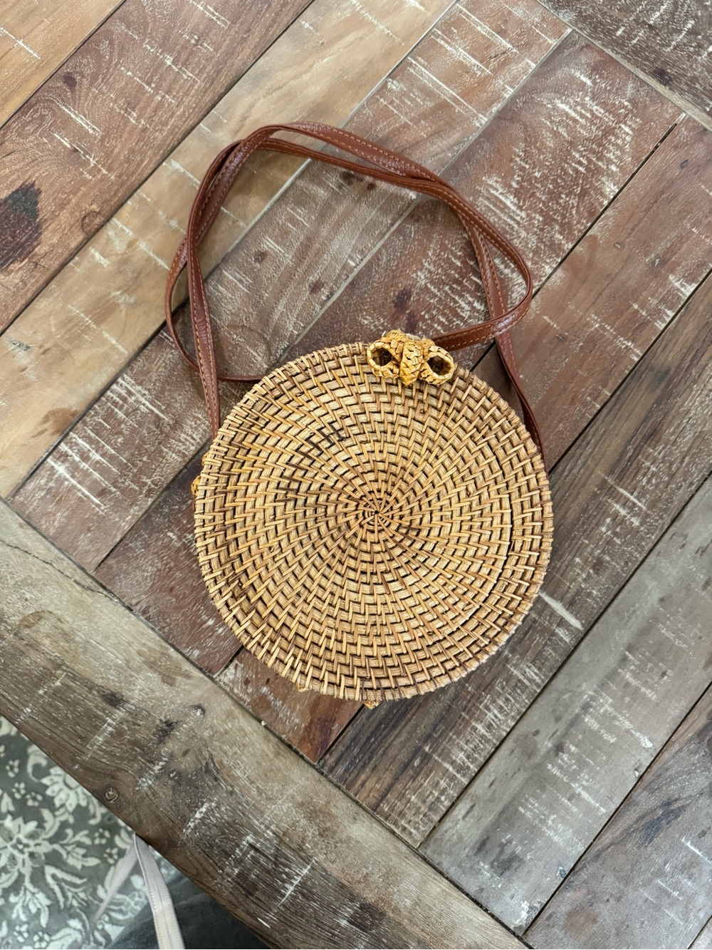 Boho Round Rattan Crossbody Bag Woven Bali Style Straw Purse Brown Leather Strap